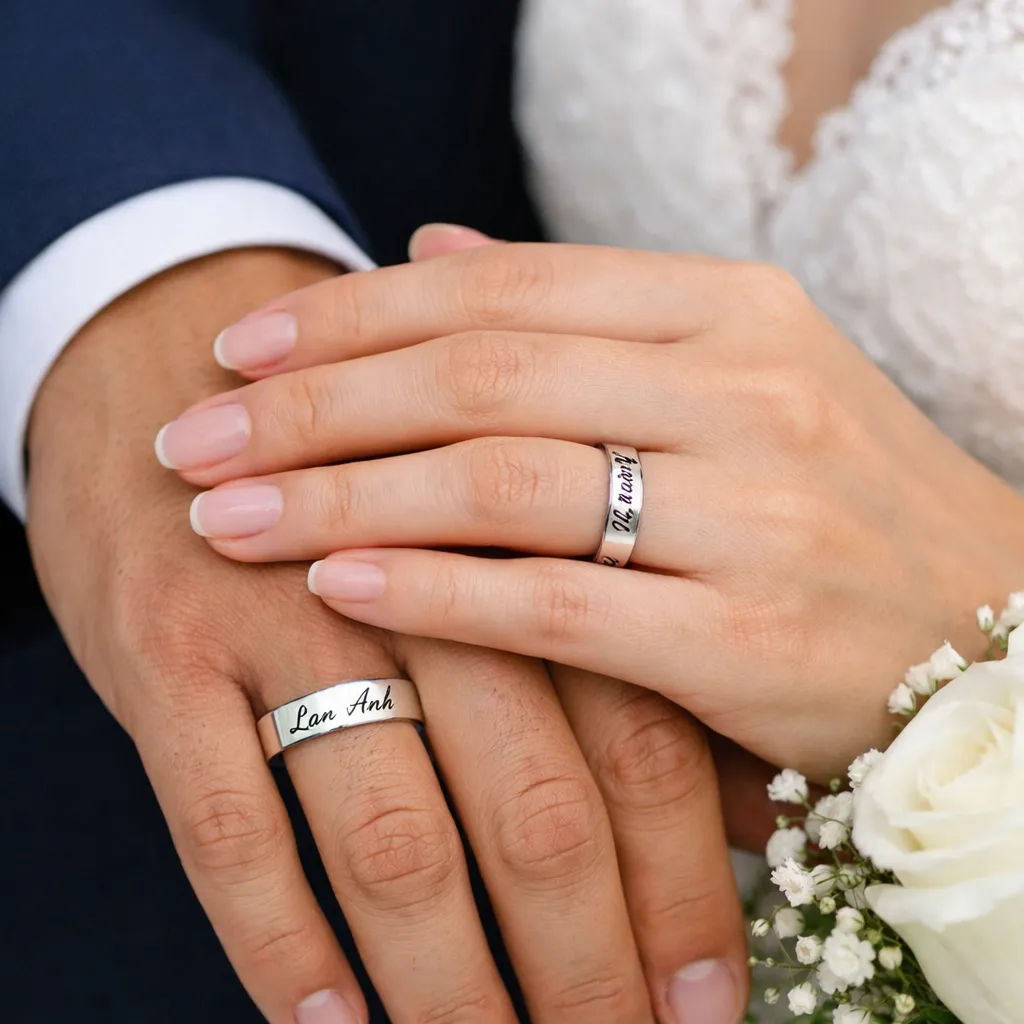 cặp đ&ocirc;i đeo nhẫn cưới khắc t&ecirc;n