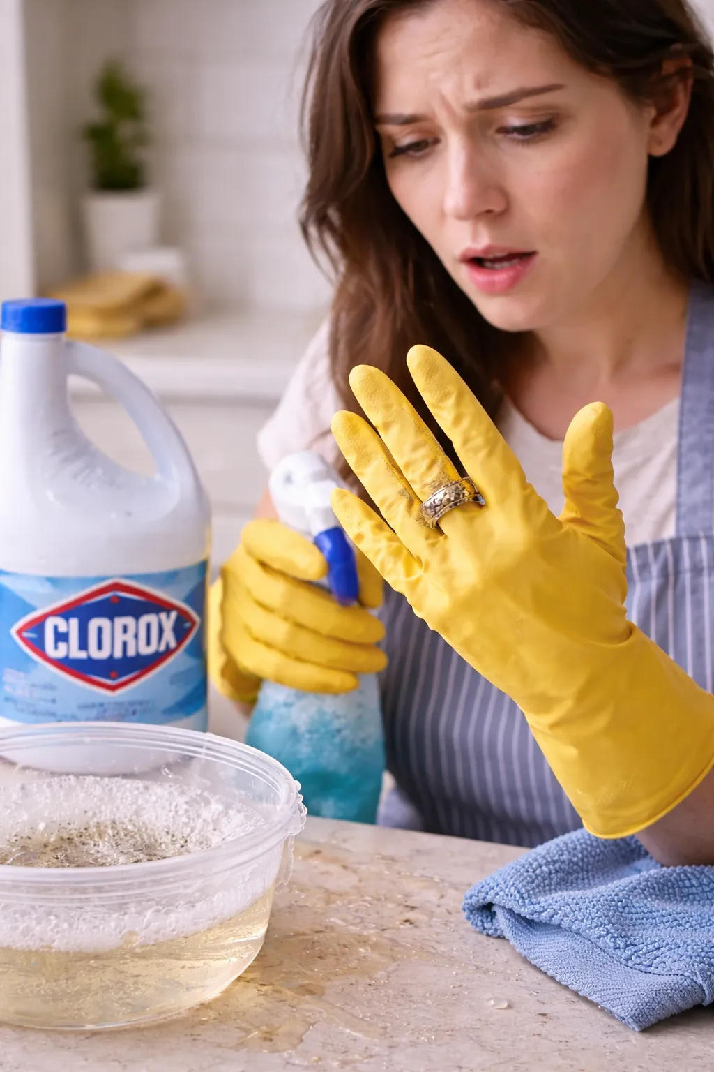 nhẫn cưới tiếp x&uacute;c với h&oacute;a chất